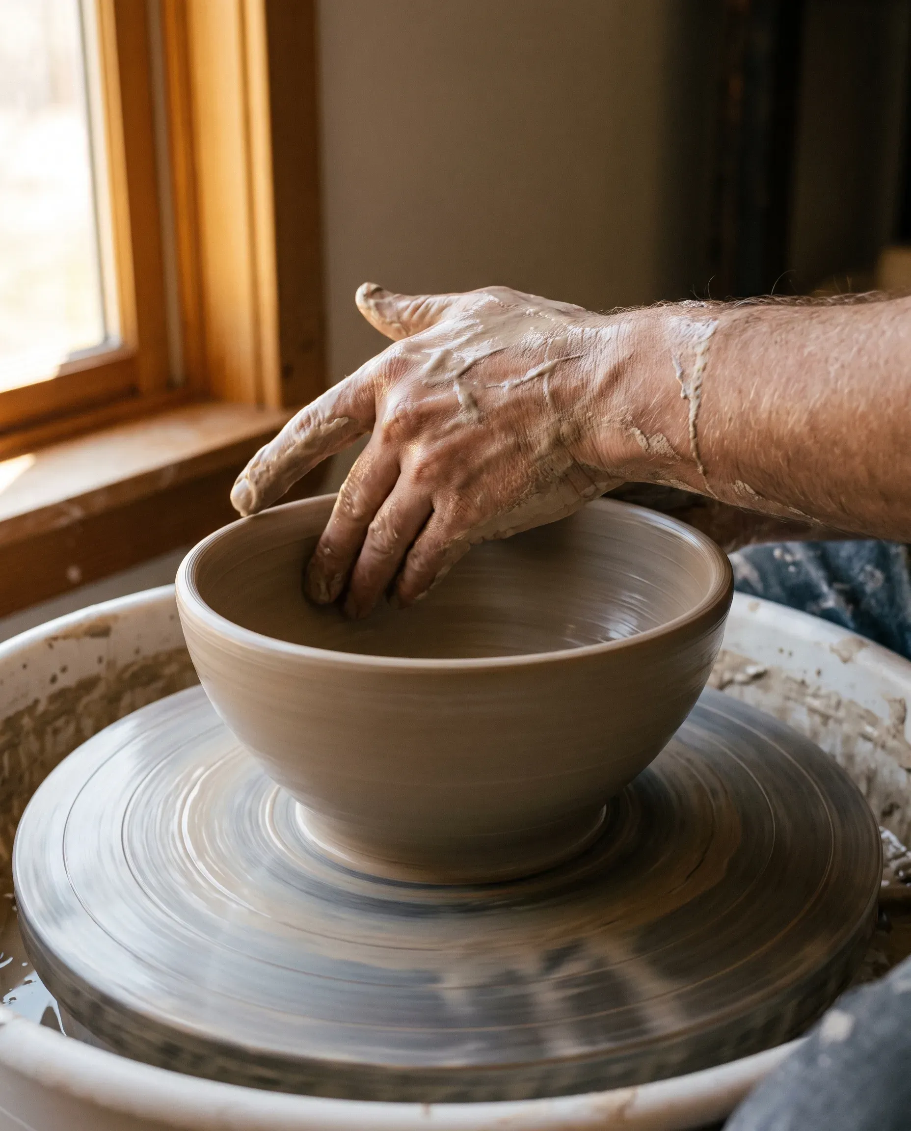 A ceramicist's clay-covered hands shaping a bowl on a spinning potter's wheel in warm workshop light
