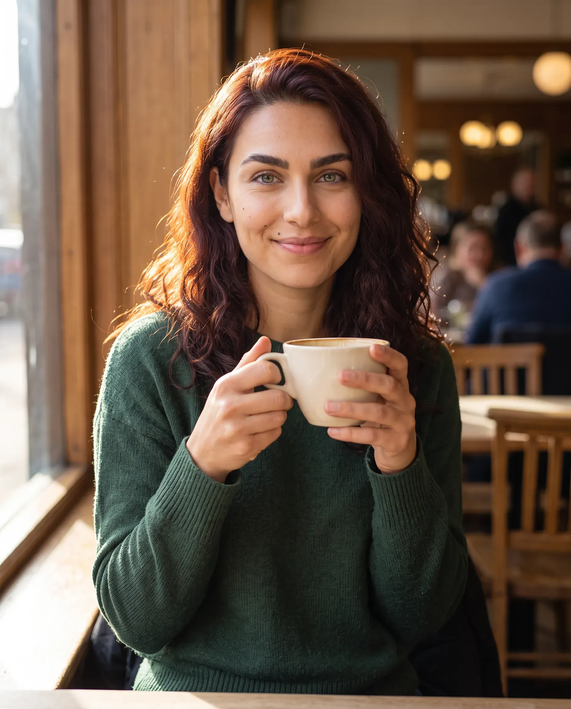 The same character seated in a café holding a coffee cup, lit by soft morning sun through the window