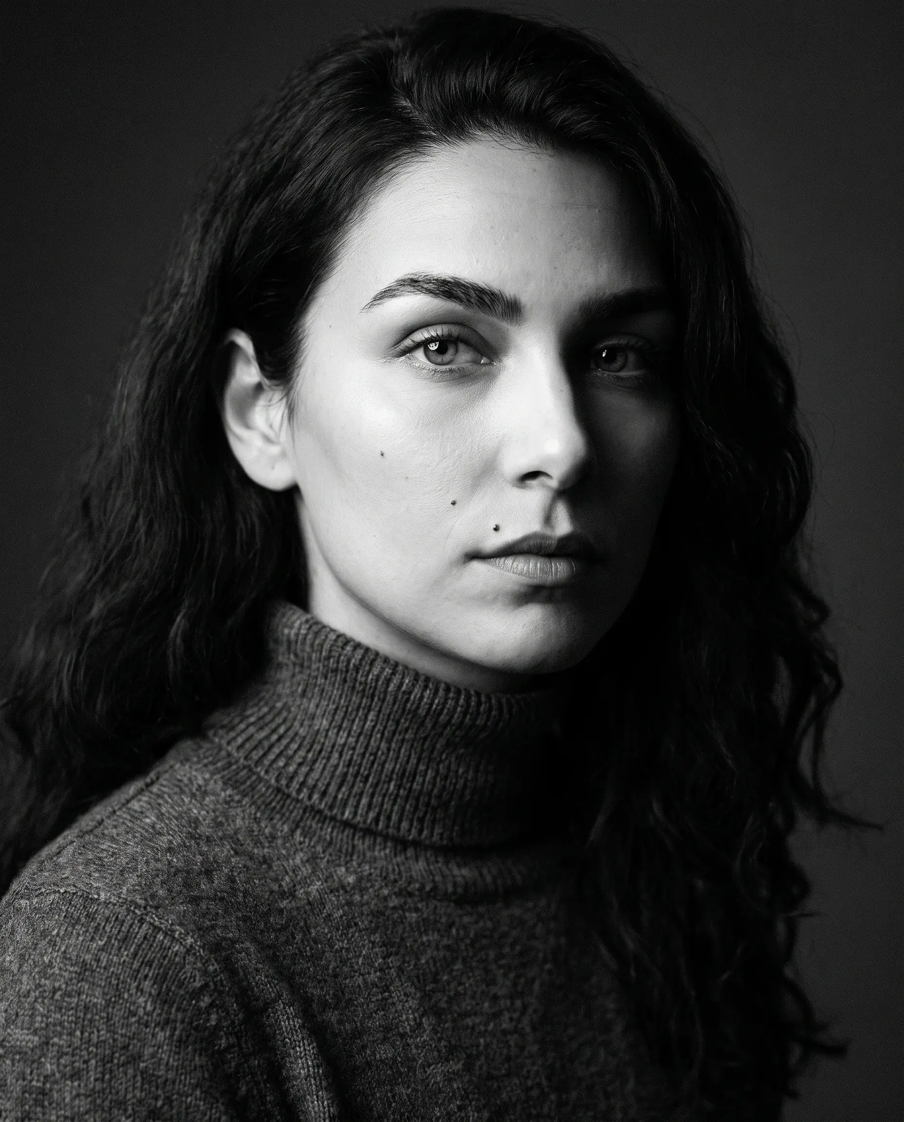 The same character in a black and white studio portrait with dramatic side lighting