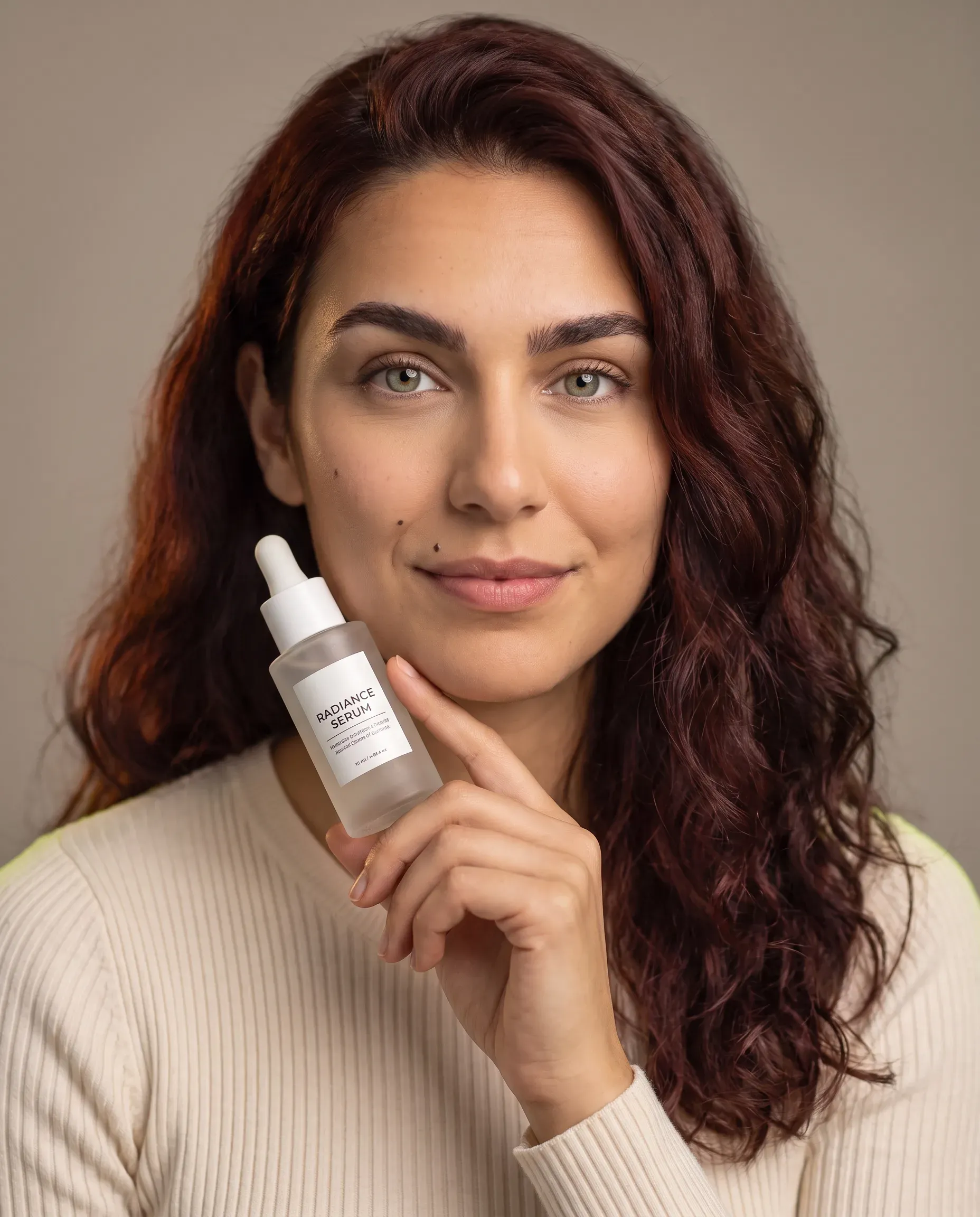 The same character in a studio holding a frosted glass serum bottle beside her face