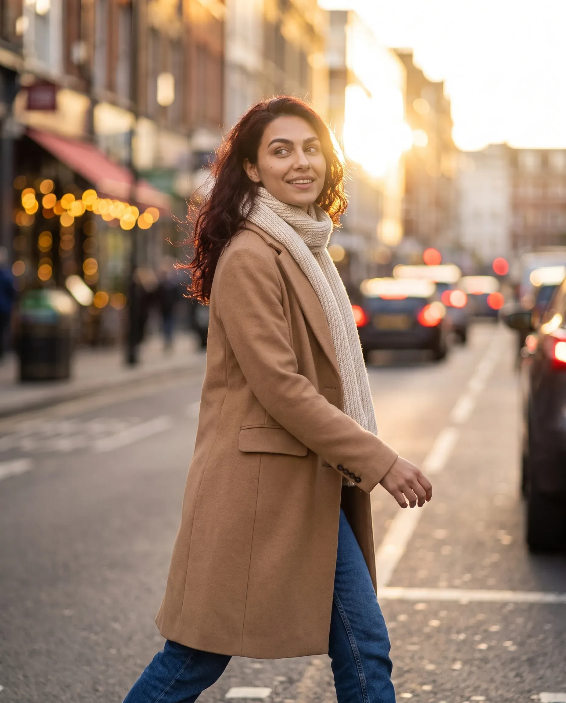 The same character walking a city street at golden hour in a camel overcoat, glancing back over her shoulder