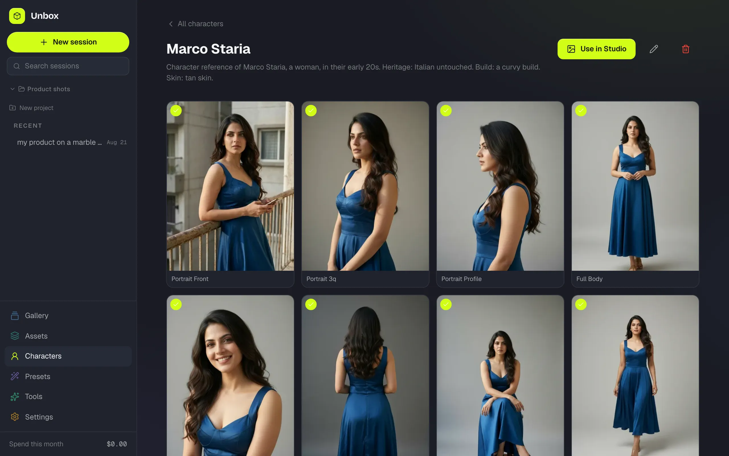 The Unbox character detail screen showing eight poses of the same AI-generated character in a blue dress — consistent identity across portrait, profile, full-body, and seated compositions