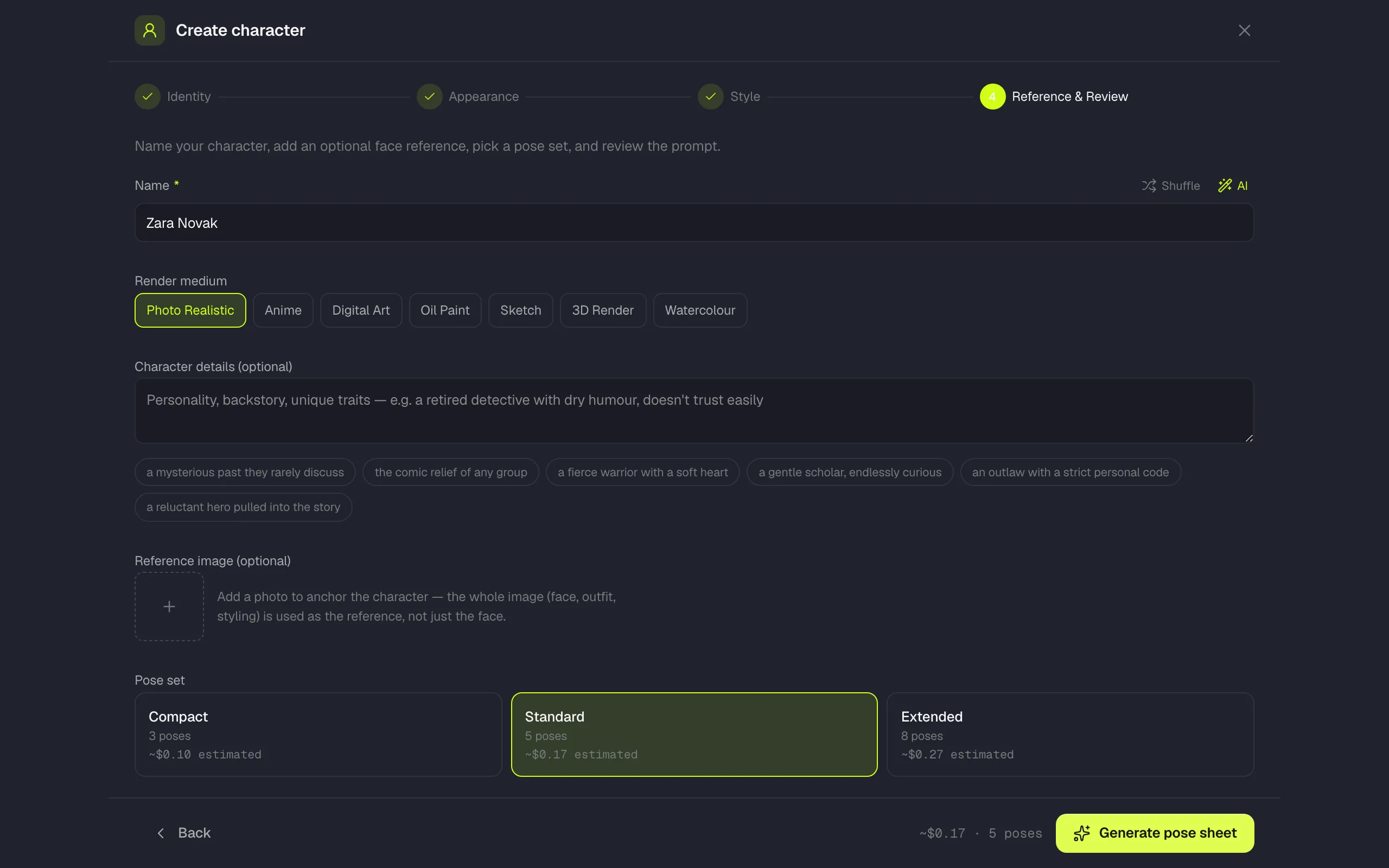 The Reference and Review step of the Unbox character wizard, showing the name field, render medium chips, reference image slot and three pose sets priced at $0.10, $0.17 and $0.27