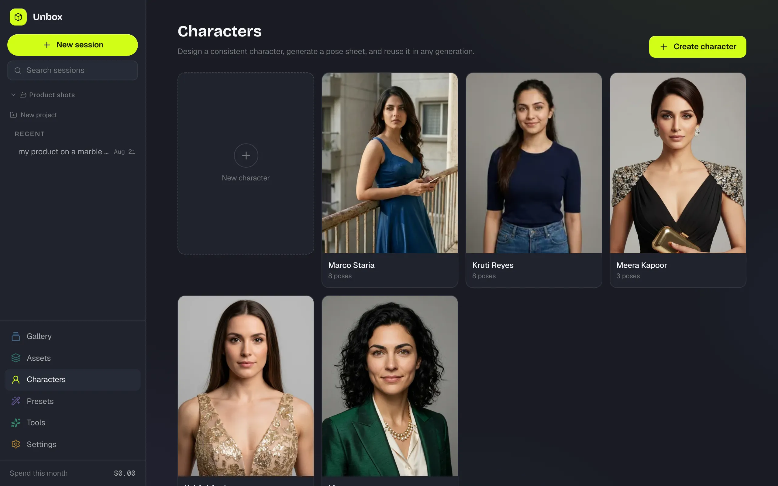 The Unbox Characters screen showing a grid of five AI-generated character portraits