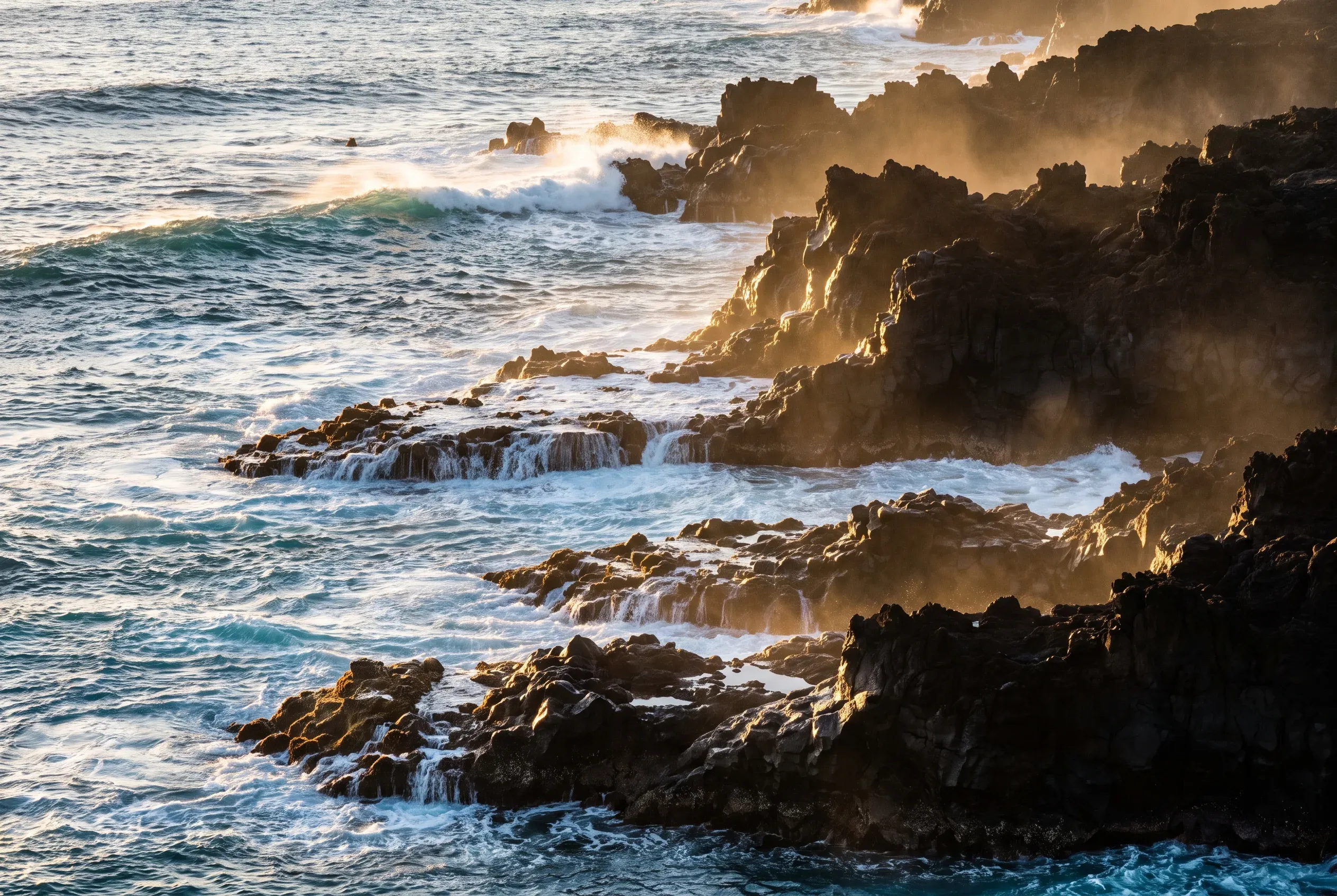 A black volcanic coastline from above with turquoise surf breaking white over the rock in golden light