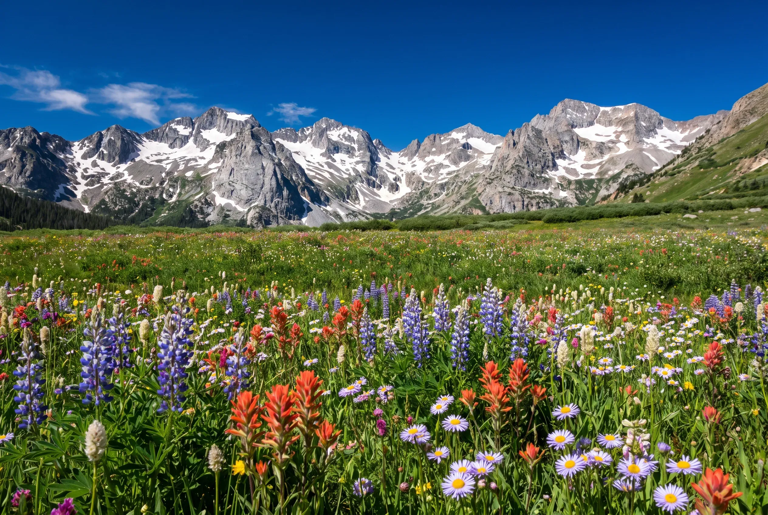 An alpine meadow of wildflowers in full bloom with snow-capped peaks behind under a deep blue sky