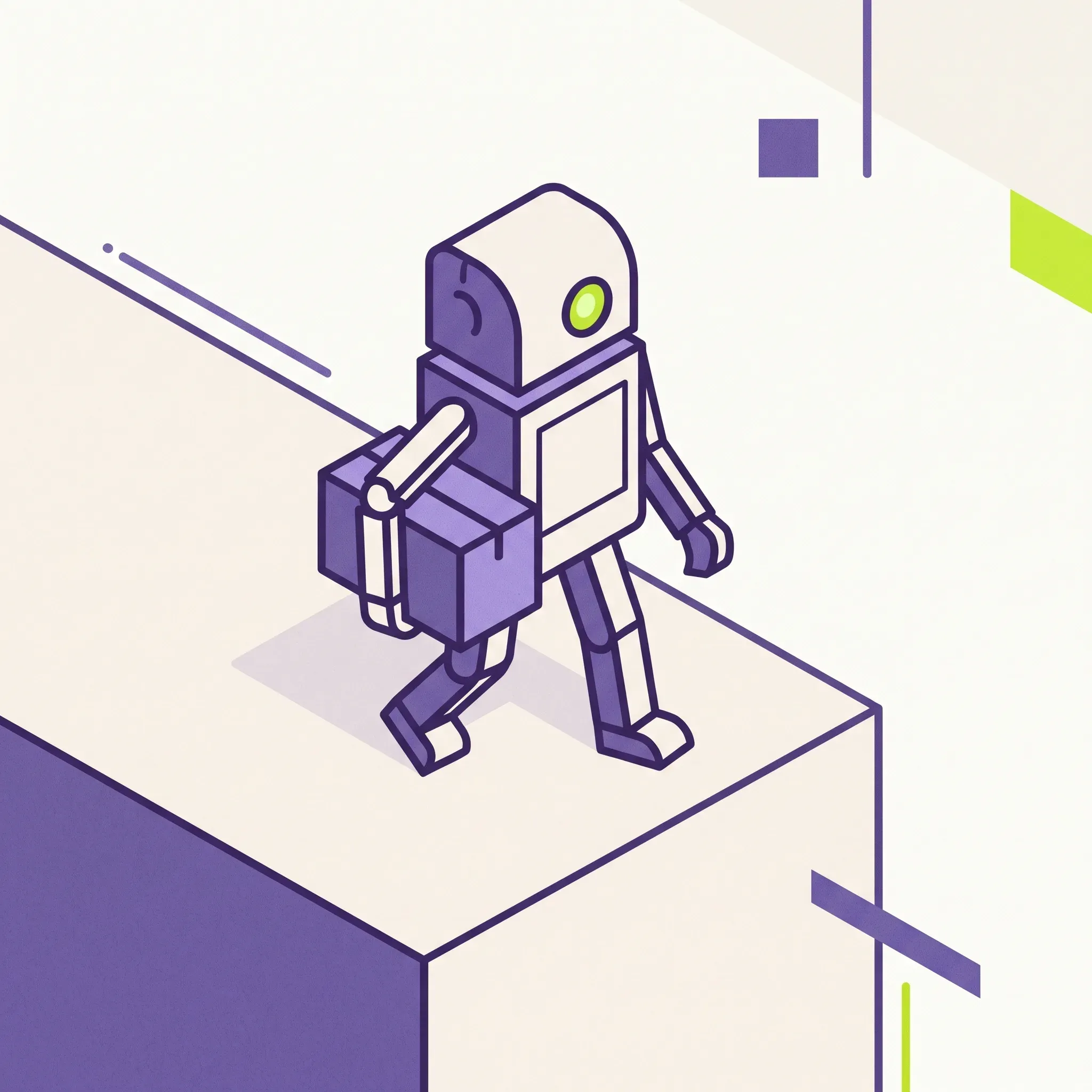 A stylised illustration of a small bipedal courier robot carrying a parcel in violet and off-white with a lime accent