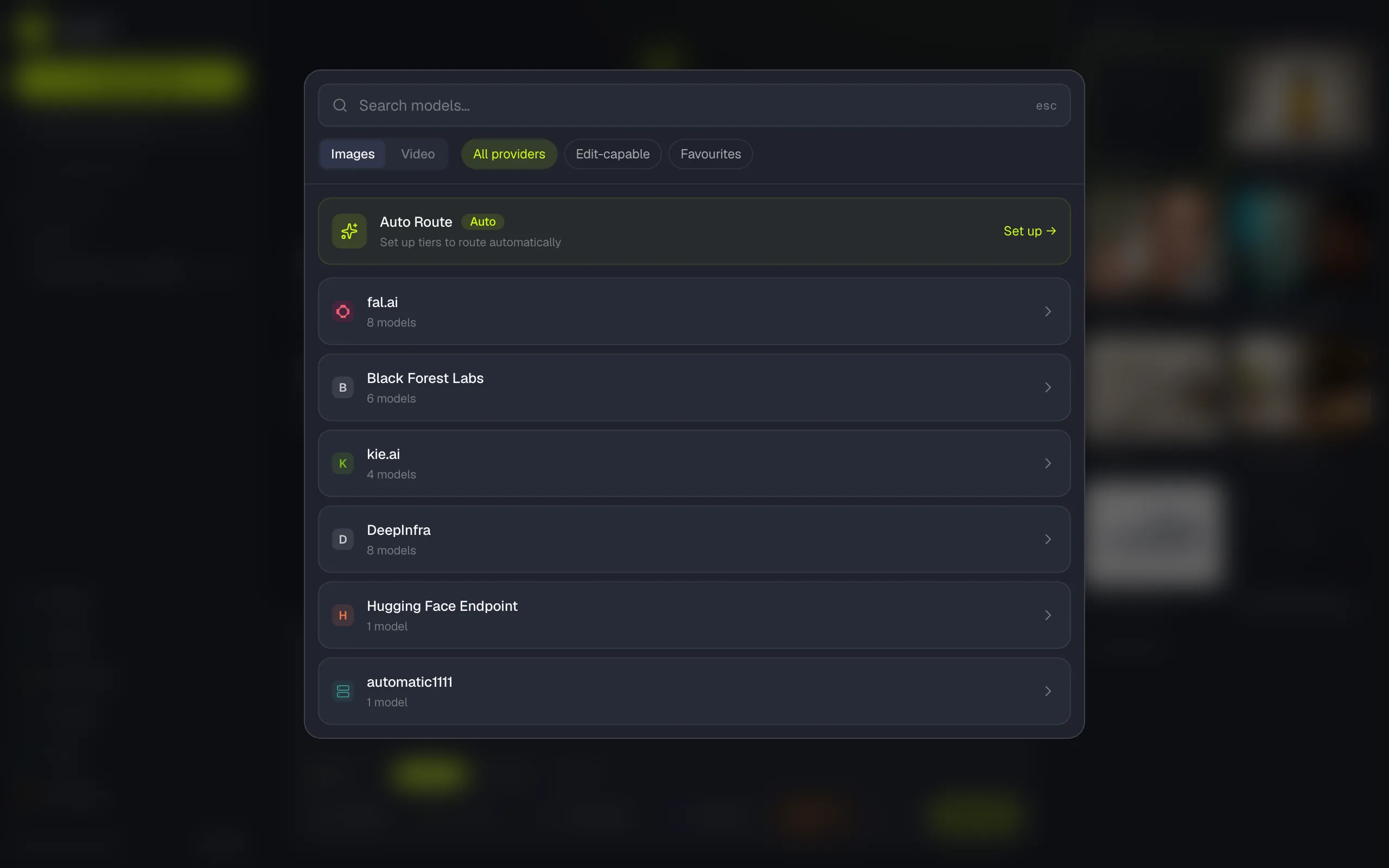 The Unbox model picker overlay listing providers including fal.ai, Black Forest Labs, kie.ai, and DeepInfra with model counts