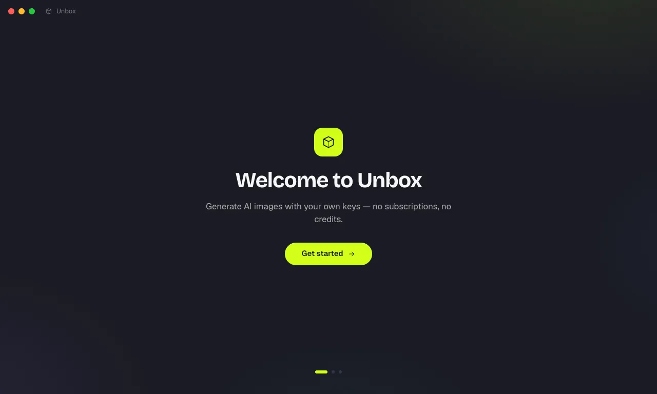 The Unbox first-run wizard showing the Welcome to Unbox screen with a Get started button