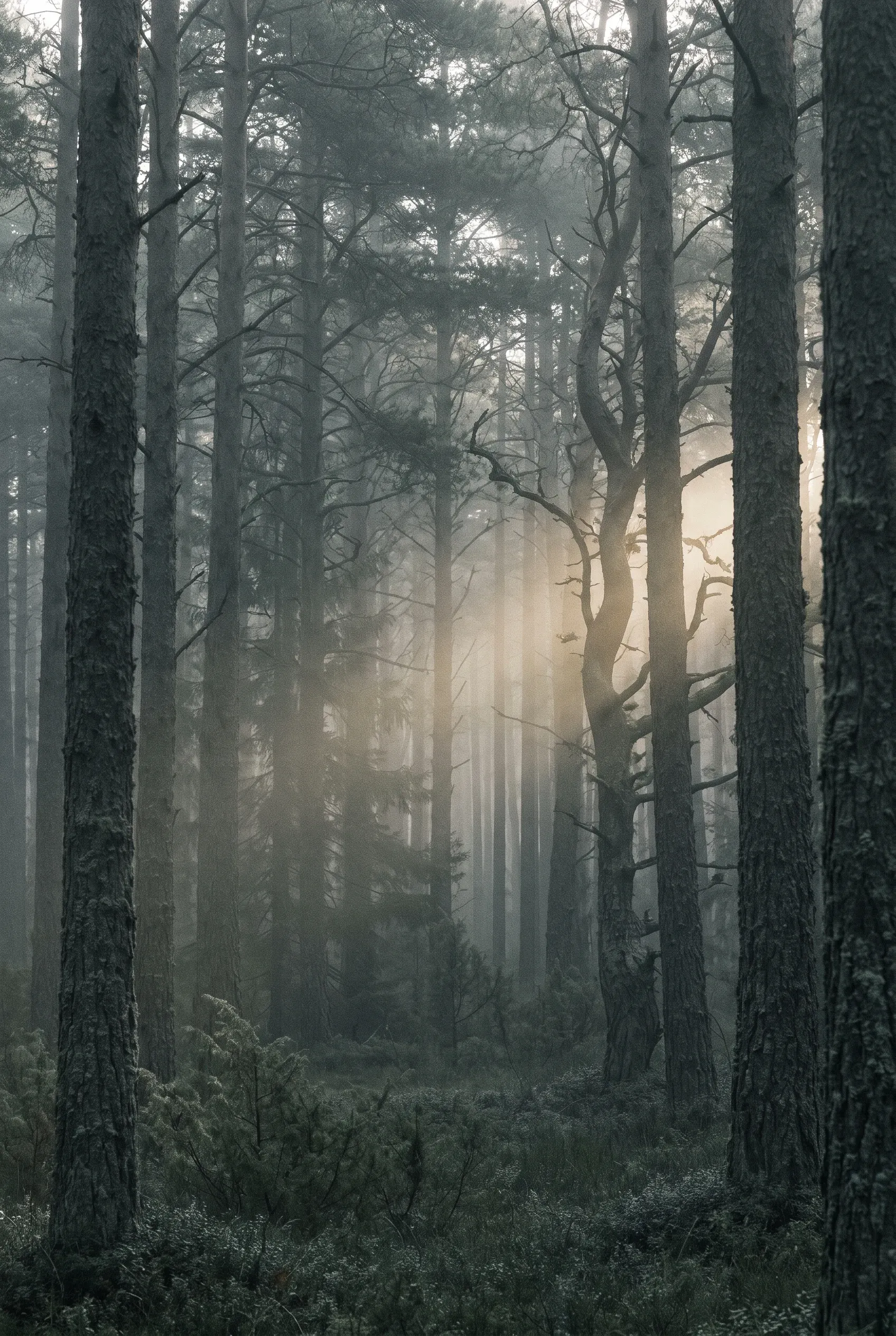 An ancient pine forest at dawn with fog between the trunks and a single shaft of light angling through