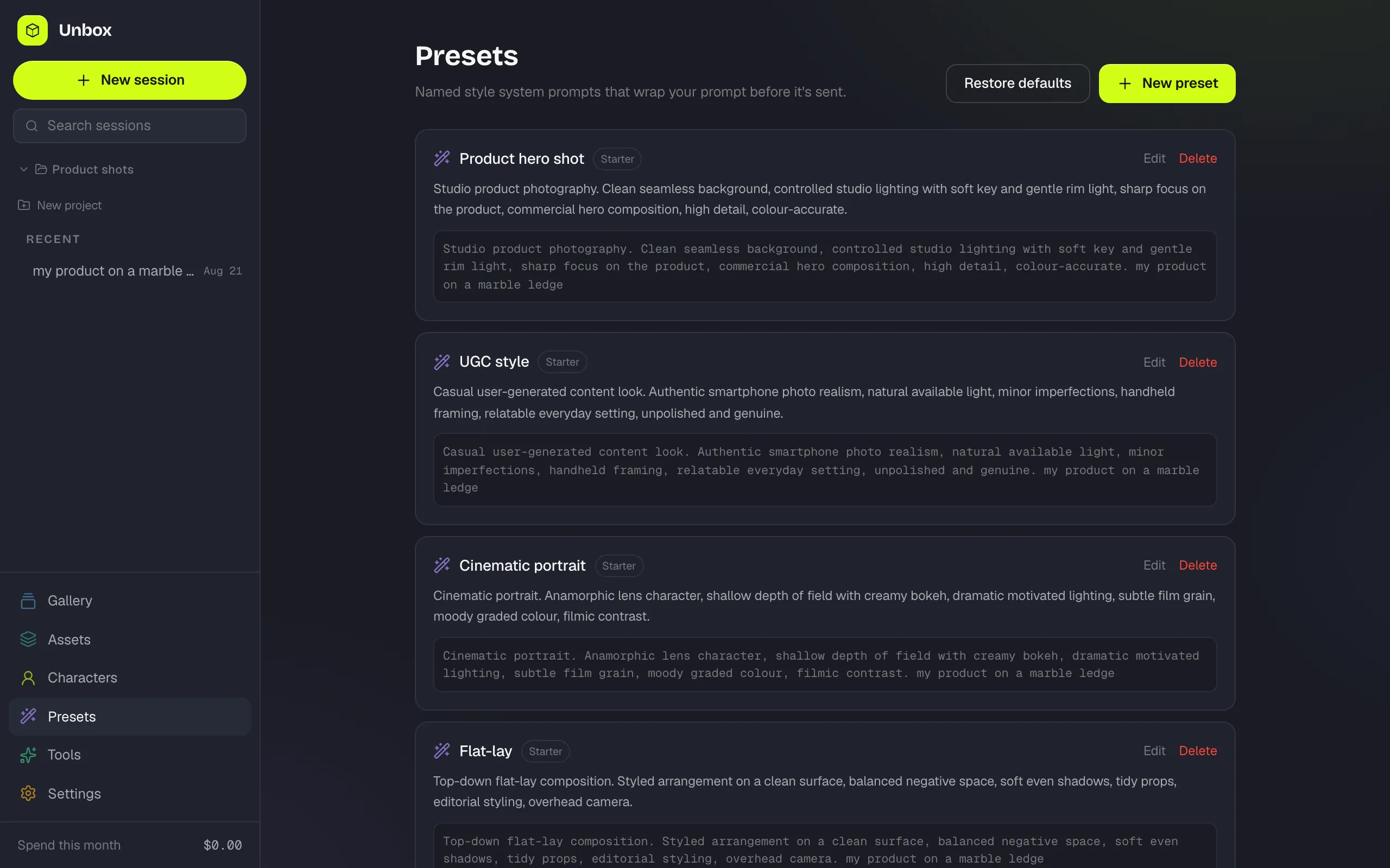 The Unbox Presets screen listing named style presets such as Product hero shot, UGC style, and Cinematic portrait