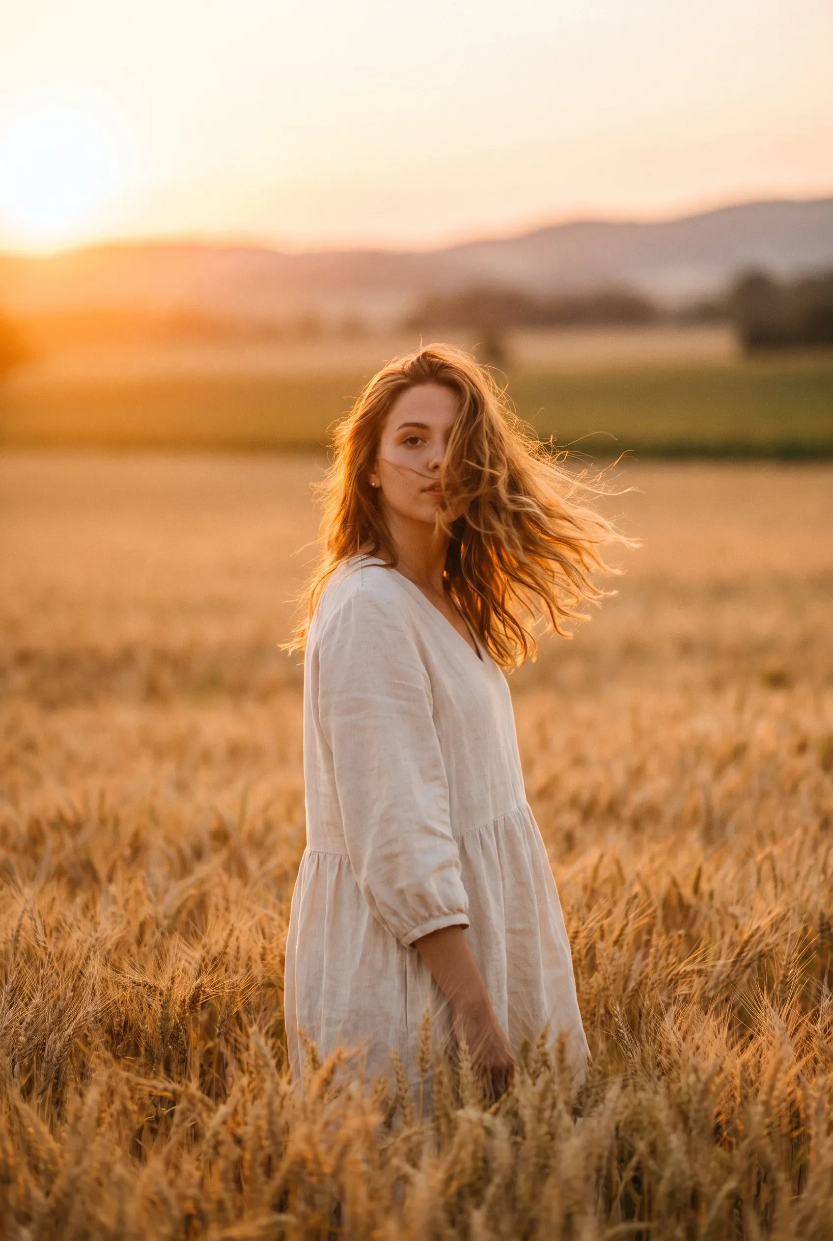 A young woman standing in a golden wheat field at magic hour, wind lifting her hair through warm backlight